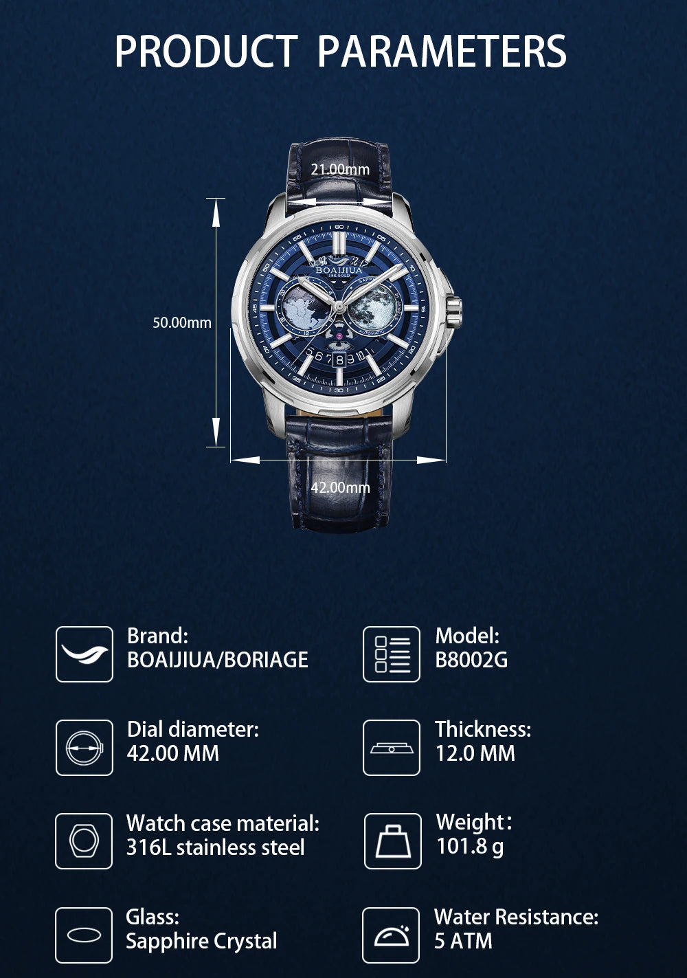 BORIAGE(BOAIJIUA) vollautomatische mechanische Herrenuhr mit Originaldesign, wasserdichte leuchtende mechanische Armbanduhr
