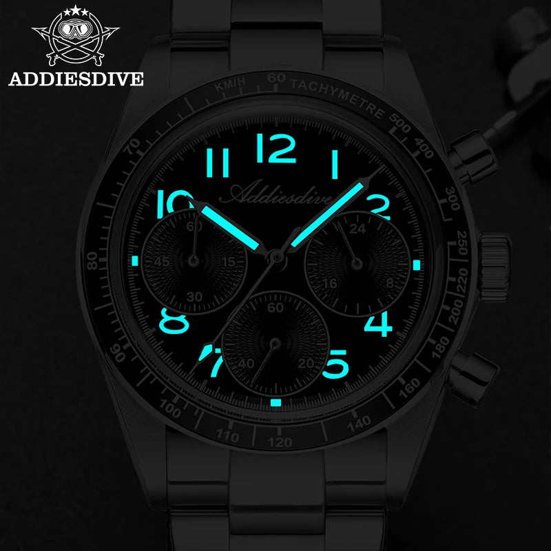 ADDIESDVIE Men Watch Reloj Hombre 10Bar Waterproof AD2517 BGW9 Super Luminous 316L Stainless Steel VK63 Chronograph Quartz Watch