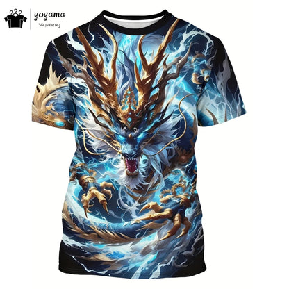 T-shirts för herr med drakmönster, kortärmad T-shirt, trendig streetwear-topp med O-ringning, djurmönster i 3D-tryck, lös och mångsidig herrklädsel