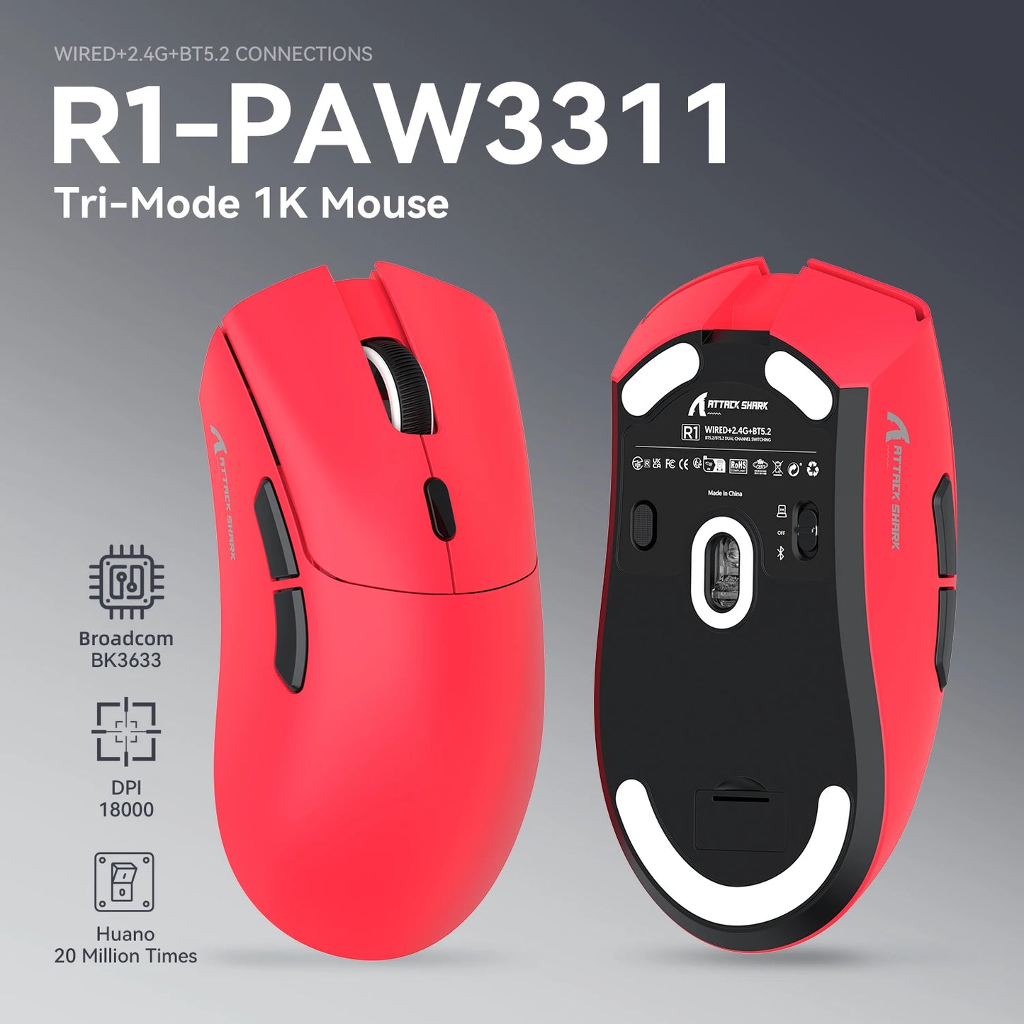 Ratón gaming trimodo ATTACK SHARK R1, sensor PixArt PAW3311, 18000 DPI, 1000hz, ultraligero de 59g para manos grandes, para PC/Mac
