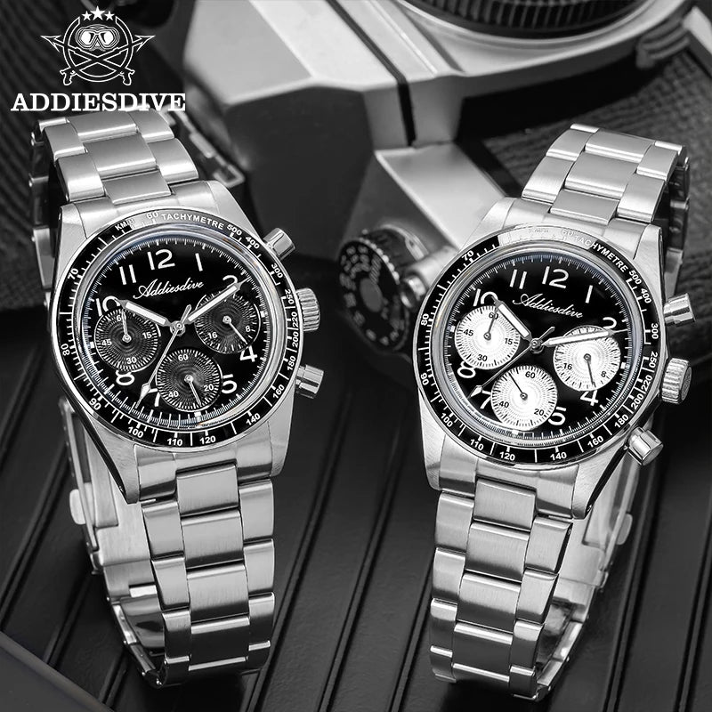 ADDIESDVIE Men Watch Reloj Hombre 10Bar Waterproof AD2517 BGW9 Super Luminous 316L Stainless Steel VK63 Chronograph Quartz Watch