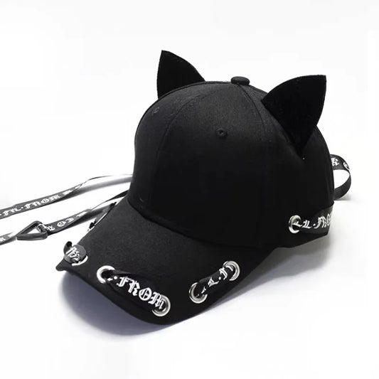 Velvet Cat Ear Baseball Cap With Long Ribbon Strap Korean Style Casual Sun Hat For Women Girls