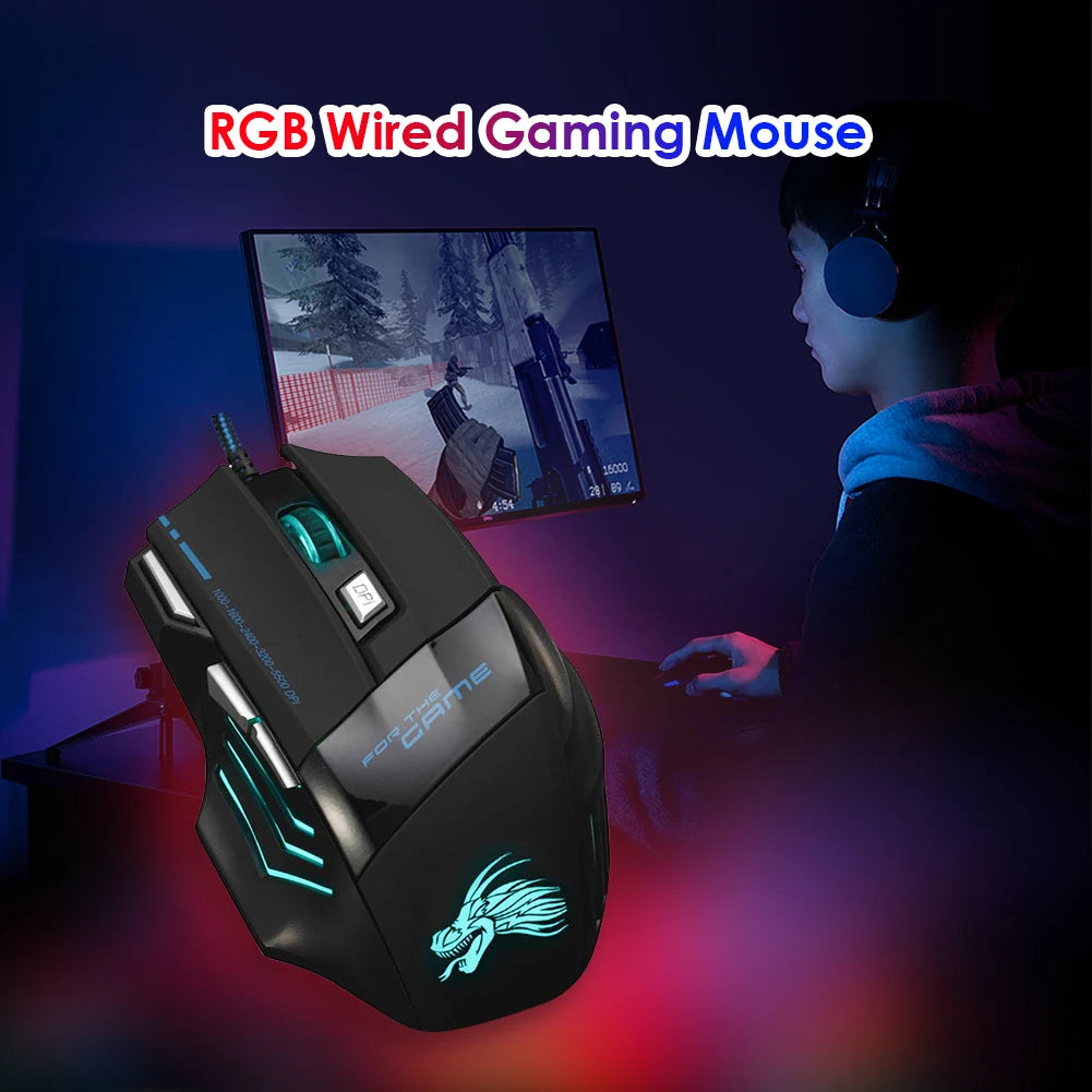 Rato Gaming com Fio, Retroiluminação de 7 Cores, 5500 DPI Ajustáveis, Preto, Rato Ótico com Fio para PC Gamer e Computador de Secretária