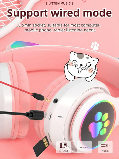 Cute Cat Ears Wireless Bluetooth Headphones with Mic LED Lights, Kids Stereo Music Headset, Cat Ear Wireless Headphones with Noise Cancelling, Gaming & Gift Headphones