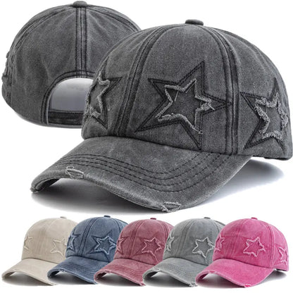 Women's Five Pointed Star Design Washed Cotton Baseball Cap Fashion Street Dad Hat