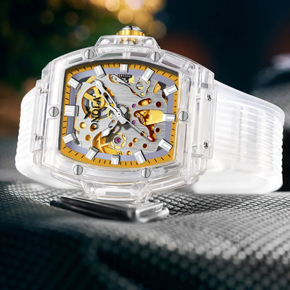 Luxury men's watch onola plastic transparent hollow full automatic mechanical watches men waterproof clock
