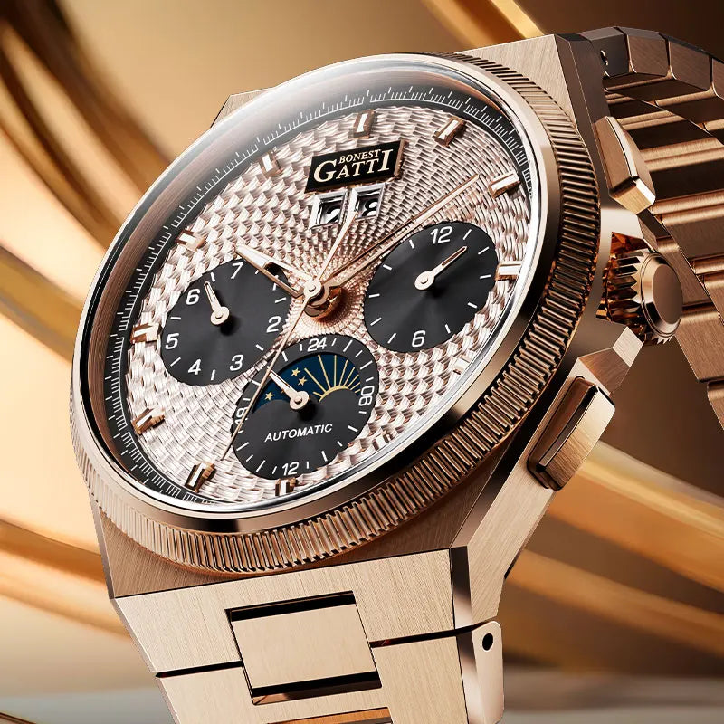 BONEST GATTI 2026 New Men's Automatic Watch 316L Stainless Steel Luminous Date Week Month 24H Display Business Mechanical Watch