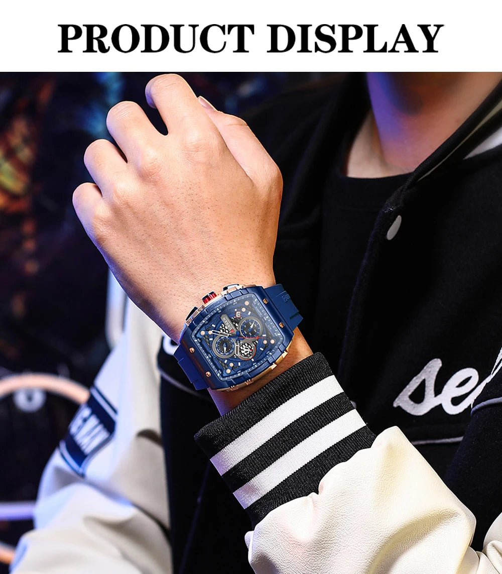 CURREN Tonneau Dial Sport Watch for Men Fashion Waterproof Quartz Wristwatch with Auto Date Yellow Silicone Strap Luminous