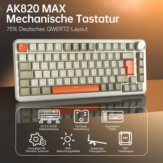 German Version Ajazz Ak820 Gaming Mechanical Keyboard, German Keyboard, Iso-De Layout Qwertz Hot-Swappable Volume Knob, Holiday Gift