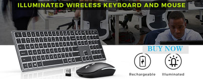 Combo de teclado y ratón inalámbricos con retroiluminación RGB, letras iluminadas recargables, tamaño completo, ergonómico, modo de suspensión, 2.4GHz