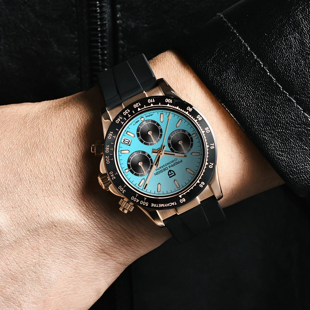 PAGANI DESIGN New Gold Blue Luxury Quartz Watch For Men Gift Box VK63 Movt Chronograph Sapphire Crystal Stainless Steel Watch