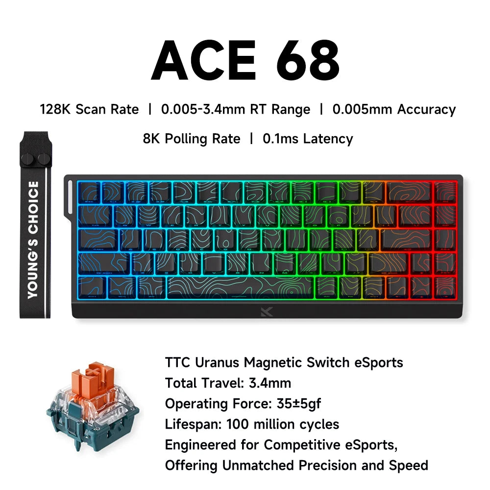 MCHOSE ACE 68 Gaming-Tastatur mit magnetischen Schaltern, Hall-Effekt, Rapid Trigger, programmierbarem RGB, 8K Hz, DKS/MT/TGL/RS/SOCD-Tastatur