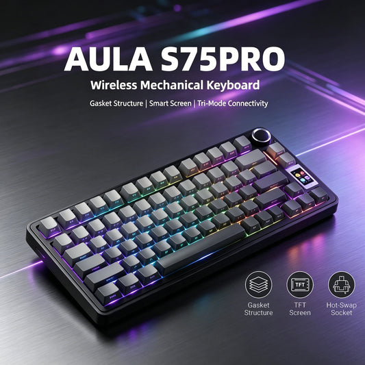 AULA S75 PRO Mechanical Keyboard 75% Custom Layout RGB Backlight Wireless Bluetooth Gaming Keyboard with Screen Knob