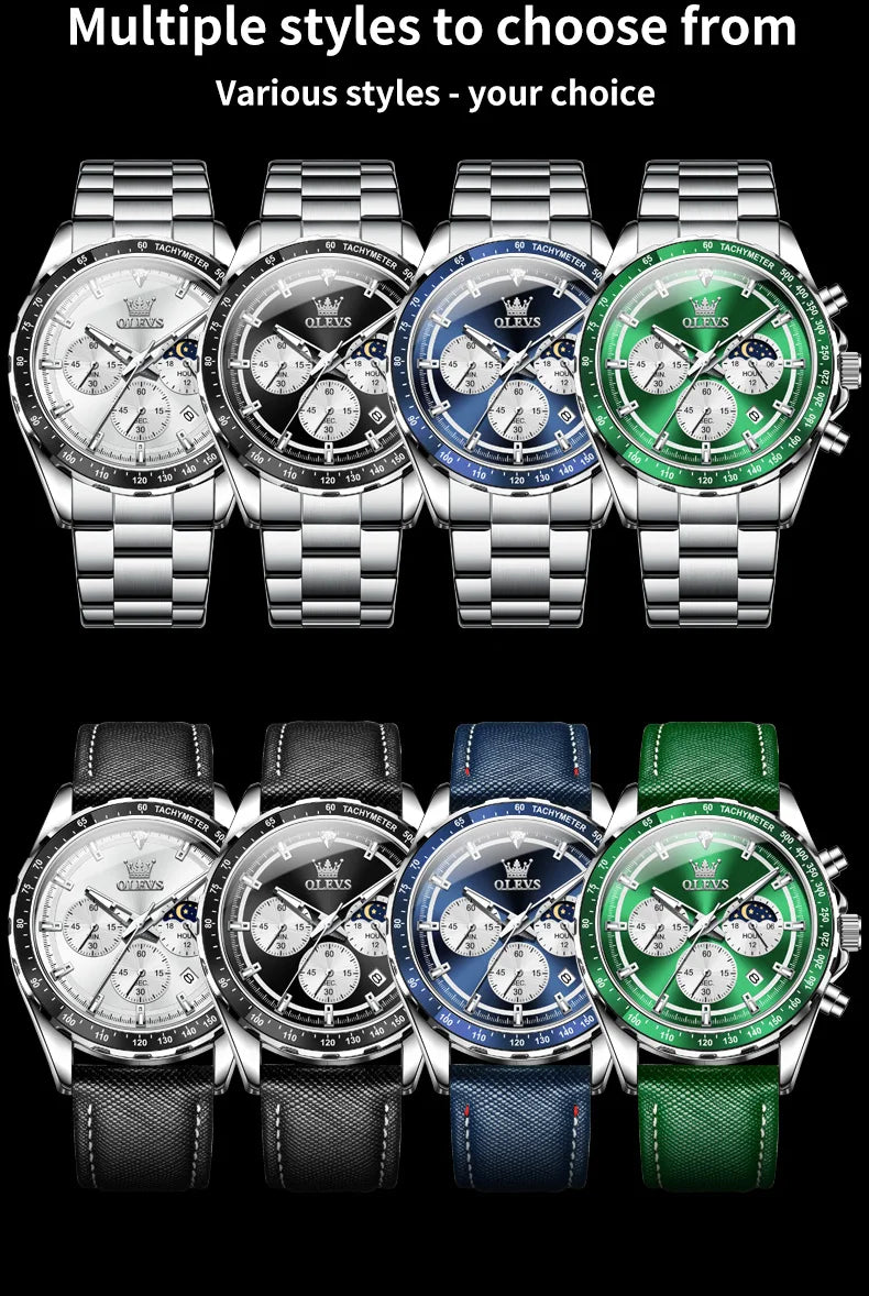 OLEVS Men's Watches Fashion Sports Green Watch For Men Multifunctional Quartz Wristwatches Men Waterproof Leather reloj hombre