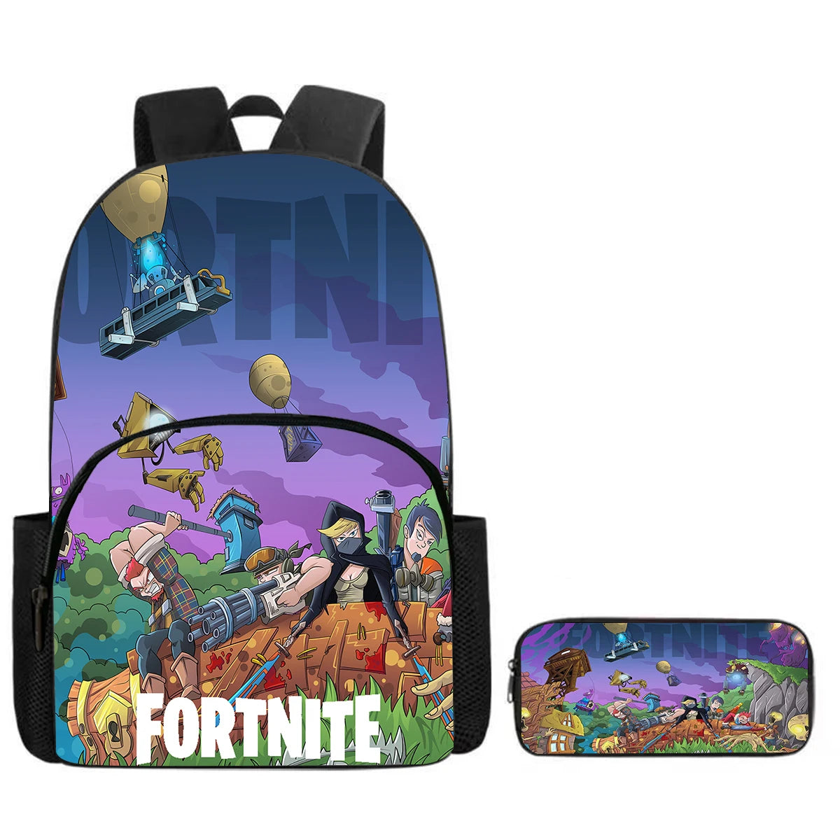 Fortnite Cartoon Backpack w/ Front Pocket & Pencil Case 2PCS - School Set for Boys Girls Age 5-8, Back to School Gift