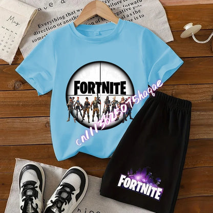 Conjunto infantil de verão Fortnite com t-shirt e calções anime, 2 peças, manga curta, algodão, casual, desportivo, presente