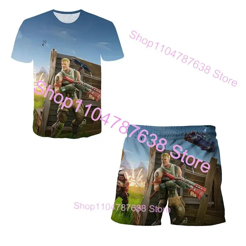 2PCS Suits F-Fortnited Victory 3D T-shirt Shorts Kids Tops Girls Boys Battle Royale Clothes Harajuku Tees Hero Children T Shirt