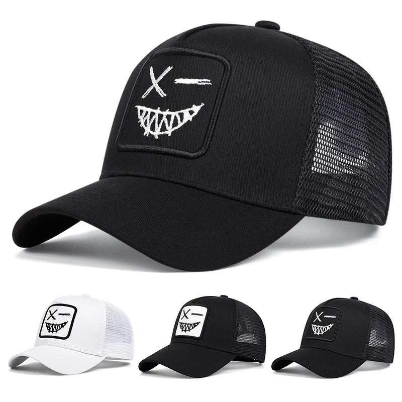 Czapki z daszkiem typu „trucker” unisex z haftem przedstawiającym uśmiechniętą twarz z zębami, z siateczką baseballową, na wiosnę i lato, chroniące przed słońcem, z regulowanym paskiem, na co dzień