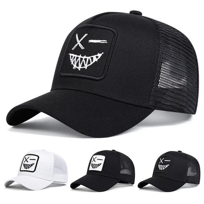 Czapki z daszkiem typu „trucker” unisex z haftem przedstawiającym uśmiechniętą twarz z zębami, z siateczką baseballową, na wiosnę i lato, chroniące przed słońcem, z regulowanym paskiem, na co dzień