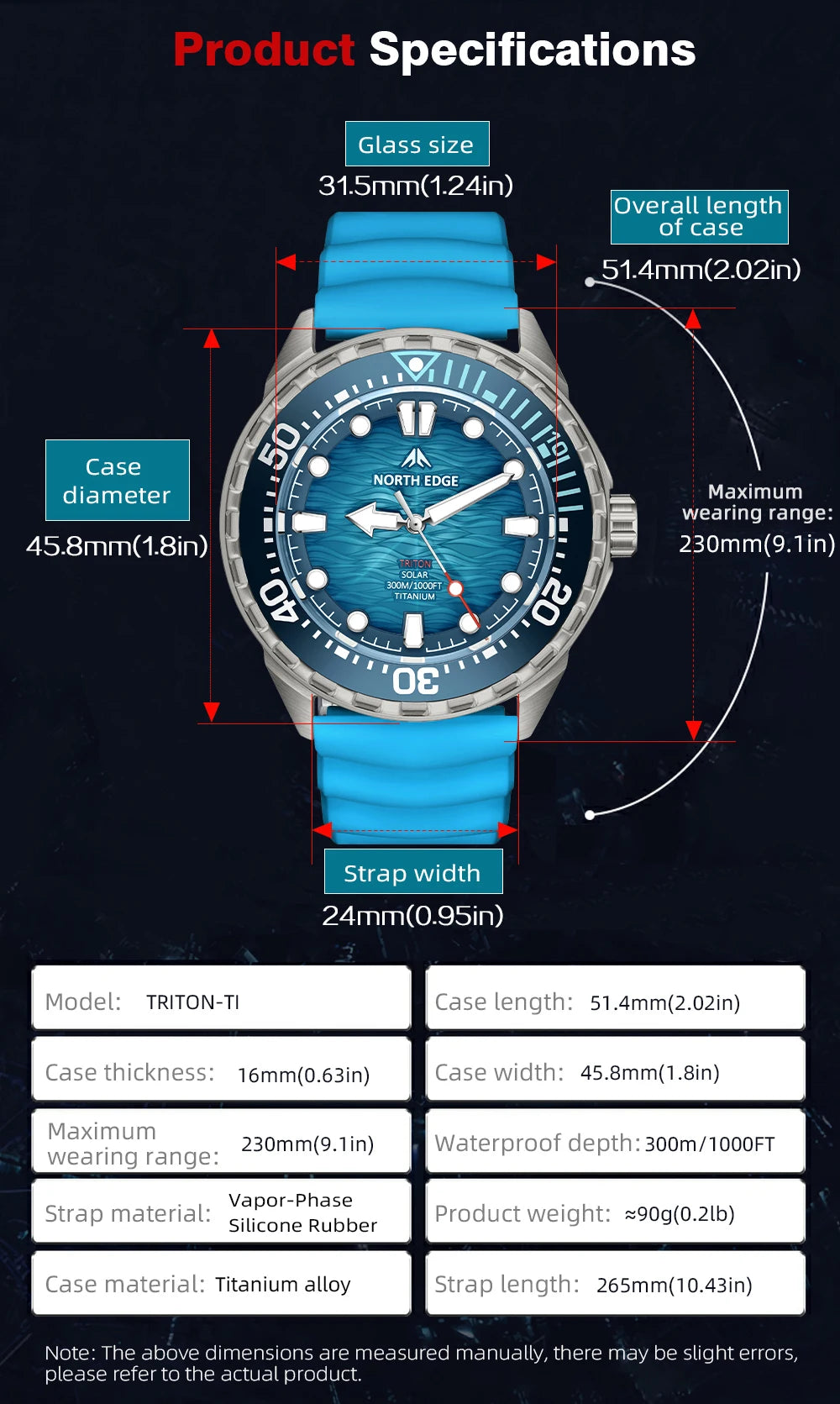 NORTH EDGE 2025 NEW+ TRITON-TI Titanium Solar-Powered Diving Watch Luxury Quartz Watches for Men 300M Waterproof 180+ Day Power
