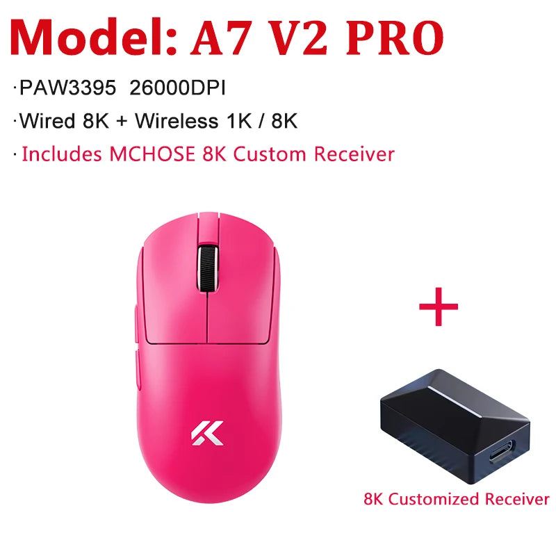 Mouse da gaming wireless leggero MCHOSE A7 V2 Ultra / Pro, Dual 8000Hz, PAW3950 TI, 42000DPI, per PC e gamer e-sport