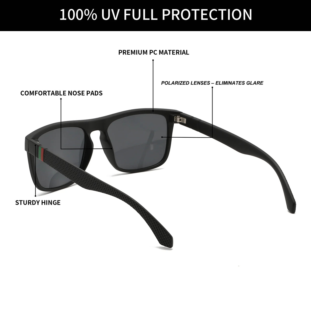3 ks klasických retro polarizovaných čtvercových slunečních brýlí – červené/zelené pruhované stranice, UV400, unisex, pro každodenní nošení, outdoor, rybaření a řízení