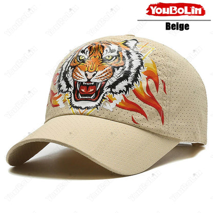 Czapka baseballowa Outdoor Tiger Face, letni materiał szybkoschnący, konstrukcja z siateczki i perforacji, czapka z etnicznym nadrukiem chroniąca przed słońcem