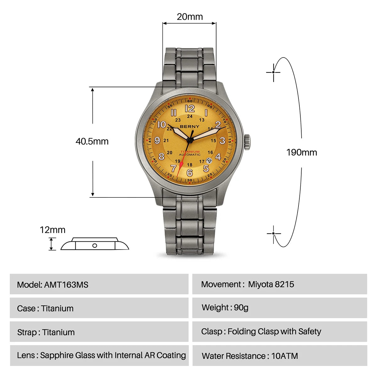 BERNY Full Titanium Automatic Watches for Men Super Luminous Sapphire Mechanical Field Watch Date 10ATM Sports Easy Read