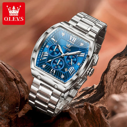 OLEVS New Design Tonneau Watch Men Luminous Waterproof Date Stainless Steel Chronograph Quartz Watches for Men Relogio Masculino