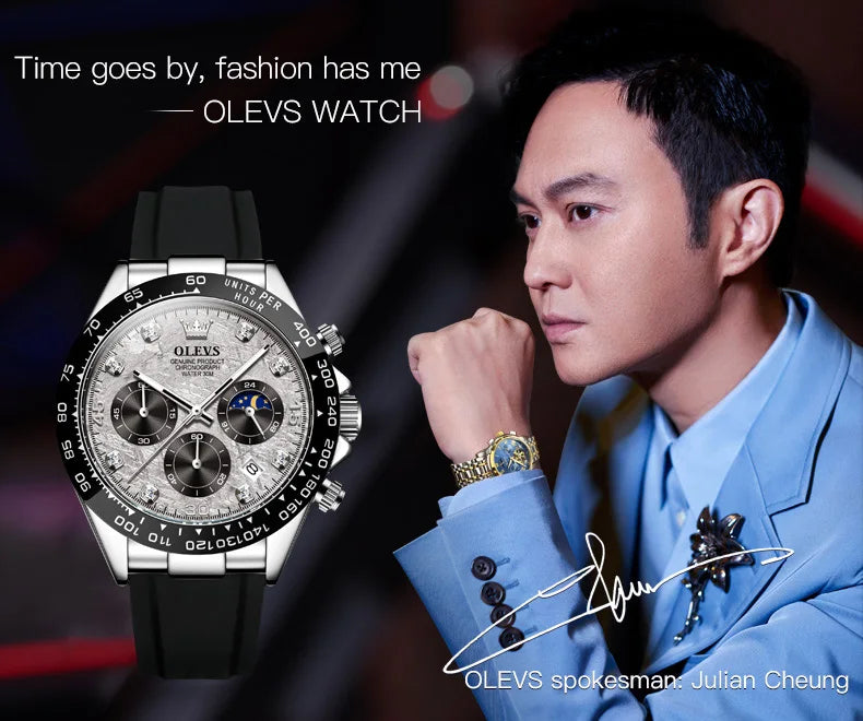 OLEVS 2875 Quartz Watch for Men Original Luxury Brand Silicone Strap Chronograph Auto Date Waterproof Moon Phase Sport Man Watch