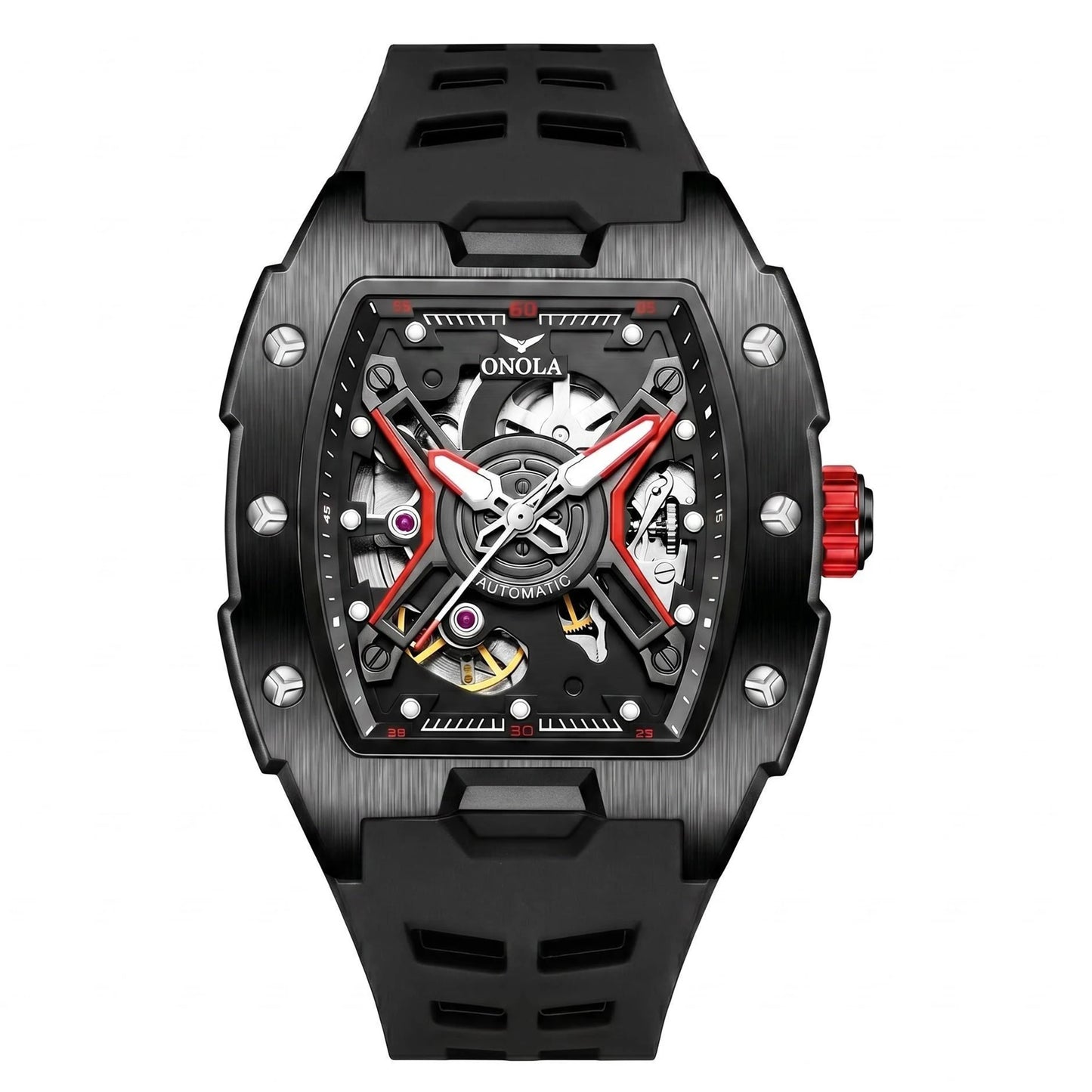 ONOLA Men's Rose Gold Automatic Mechanical Watch Silicone Strap Waterproof Luminous Hollow Dial Watch