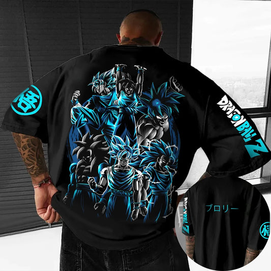 T-shirt oversized infantil Dragon Ball Z Son Goku Todas as Formas Broly Aura Azul Estampado de Grupo, streetwear anime para homem, T-shirt anime para fãs