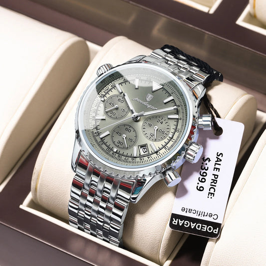 POEDAGAR Fashion Men's Quartz Watch Stainless Steel Waterproof Luminous Man Watch Chronograph Date Multifunction Watches For Men