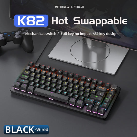 APAYADO 75% Gaming Keyboard Wired with Metal Knob, Hot-Swap K82 Black Mechanical Keyboard,ABS Transparent Character RGB