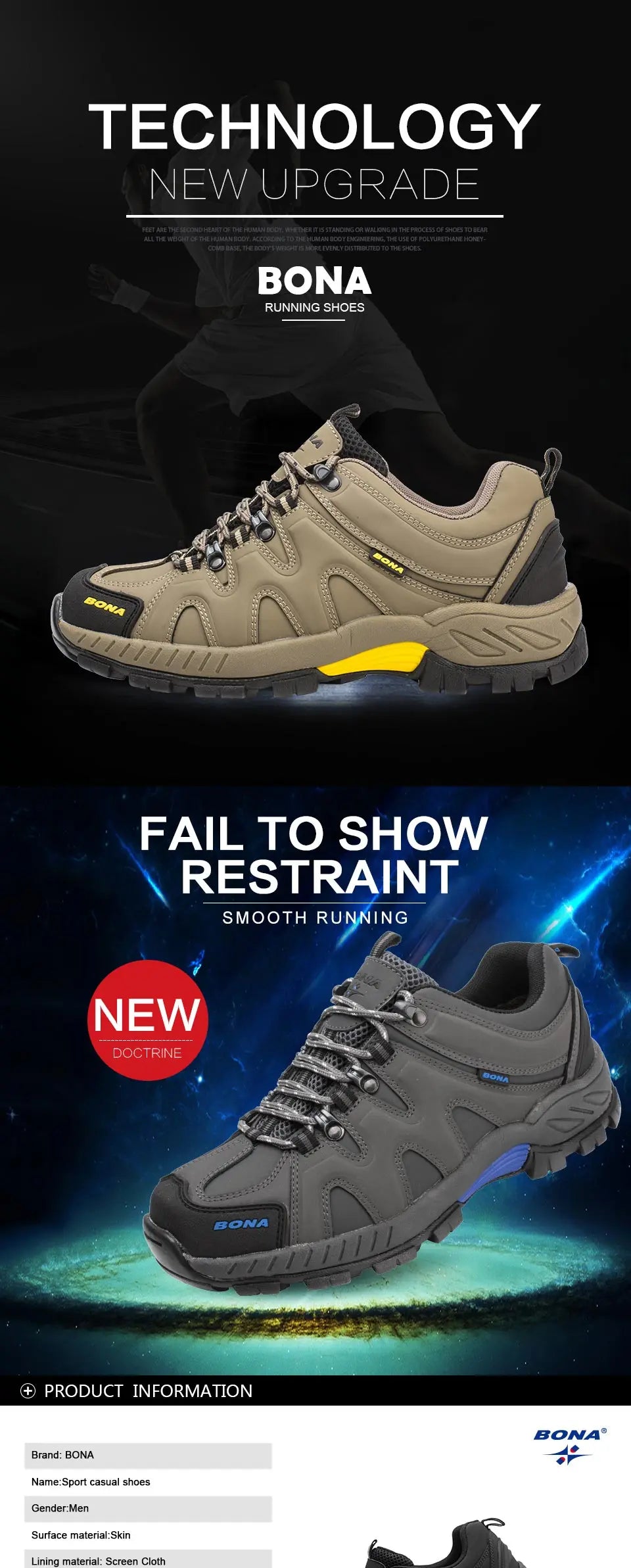BONA New Arrival Classic Style Men Hiking Shoes Lace Up Men Sport Shoes Outdoor Jogging Trekking Sneakers