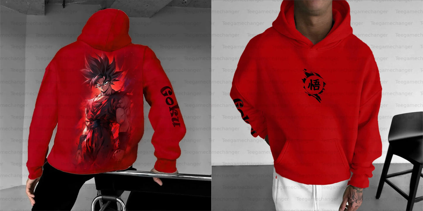 Conjunto de hoodie vermelho e calças jogger DRAGON BALL Goku para homem e mulher, outfit de duas peças com estampado de personagem anime e design preto Wu Kanji