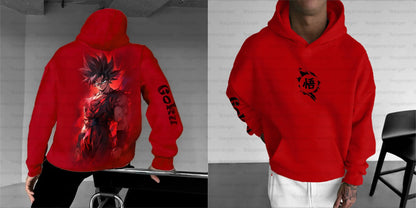 Conjunto de hoodie vermelho e calças jogger DRAGON BALL Goku para homem e mulher, outfit de duas peças com estampado de personagem anime e design preto Wu Kanji