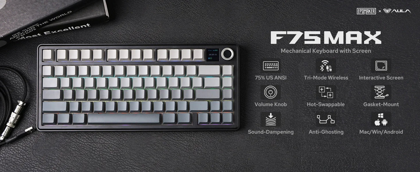 EPOMAKER X AULA F75 MAX kompakte mechanische Tastatur im 75-%-ANSI-Layout, kabelgebunden/Bluetooth/2.4GHz kabellos, mit TFT-Bildschirm und Drehregler