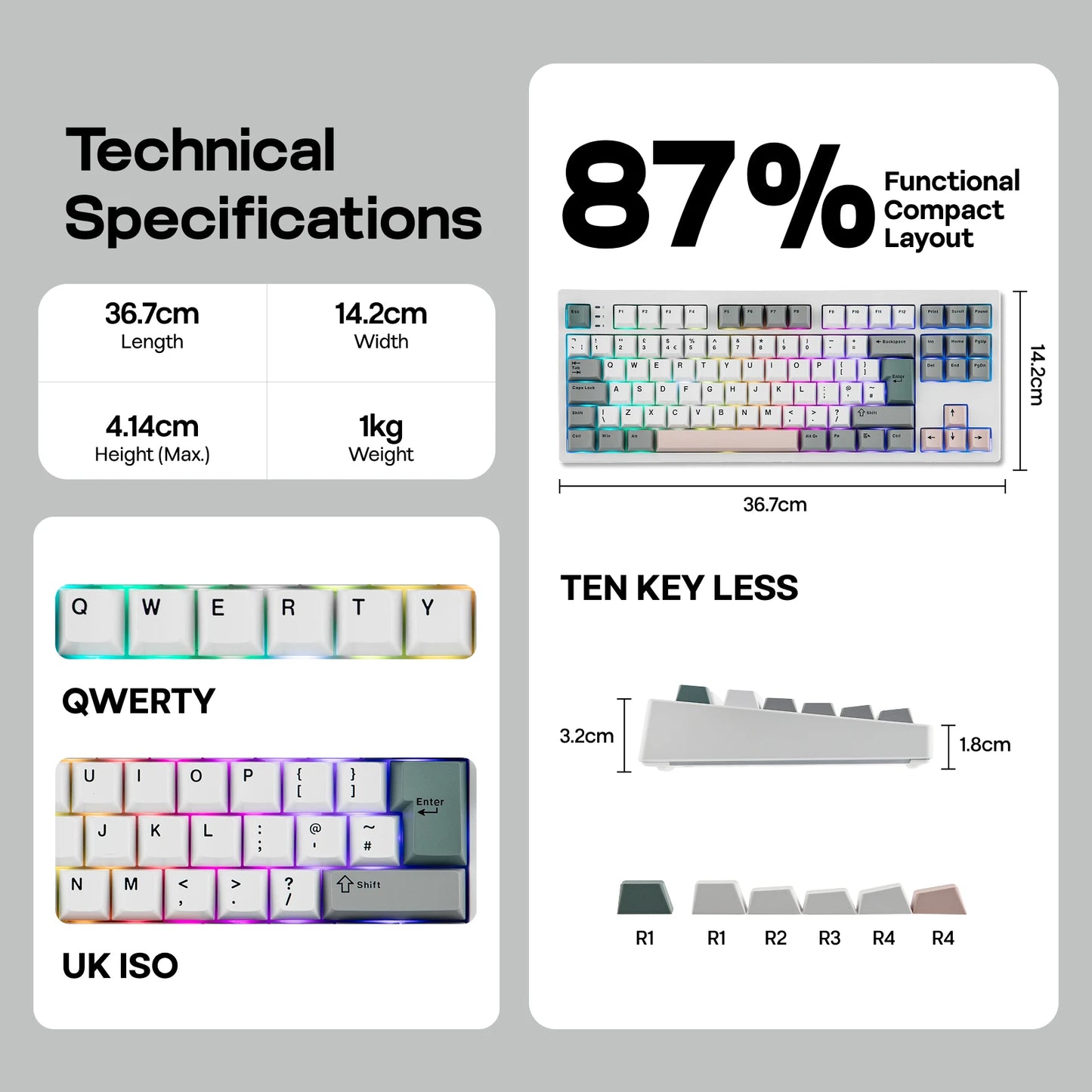 ISO-UK-Layout EPOMAKER TH87 TKL-Layout kabelgebundene/BT/2.4Ghz kabellose mechanische NKRO-Tastatur mit 10000mAh-Akku & RGB-Beleuchtung