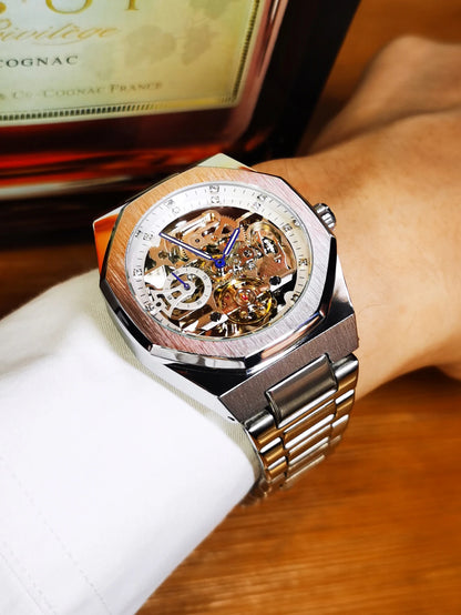 Forsining Tourbillon Skeleton Mechanical Watch for Men Luminous Hands Stainless Steel Strap Fashion Business Automatic Watches