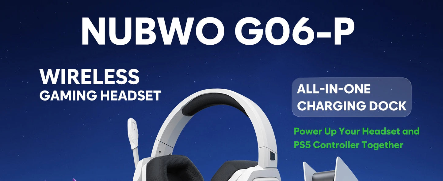 NUBWO G06 Pro Wireless Gaming Headset with Charging Station – Bluetooth 5.3 Gaming Headphones for PS5, PS4 & PC with ENC Microphone and 120-Hour Battery Life