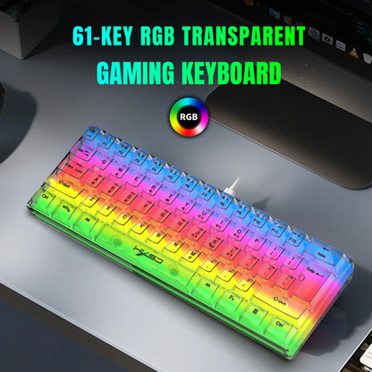 HXSJ 60% kabelgebundene transparente Gaming-Tastatur, RGB-beleuchtet, ultrakompakte wasserdichte kleine Kompakttastatur mit 61 Tasten für PC/Mac