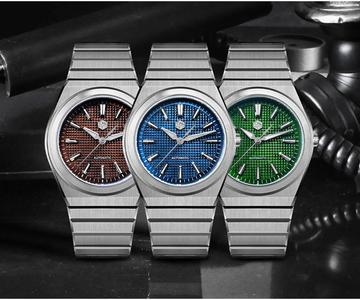 San Martin 39mm Luxury Men Sports Watch Waffle Dial Integrated Bracelet Miyota 90S5 Automatic Mechanical Clear Caseback SN0152