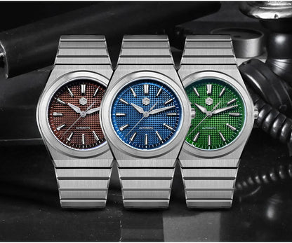 San Martin 39mm Luxury Men Sports Watch Waffle Dial Integrated Bracelet Miyota 90S5 Automatic Mechanical Clear Caseback SN0152