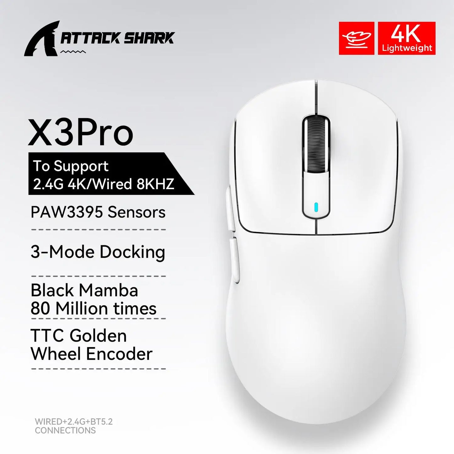 X3 vezeték nélküli gamer egér ATTACK SHARK, piros, 4K válaszidő, Bluetooth hárommódú kapcsolat, PAW3395, makrós Bluetooth gamer egér